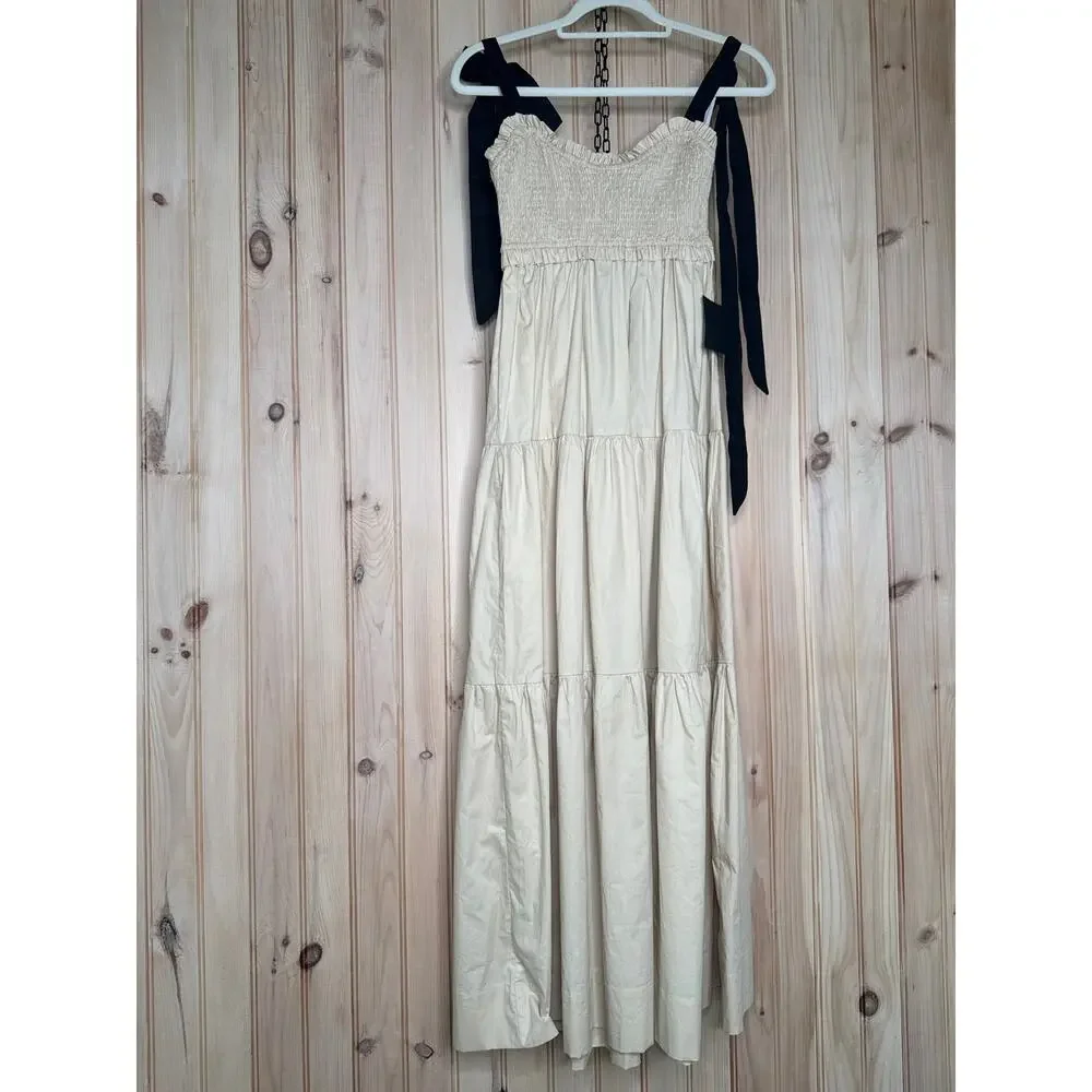 NWT Lulus Bembe Beige Tie-Strap Tiered Maxi Dress Coquette Holiday Resort Sz S - Picture 2 of 8
